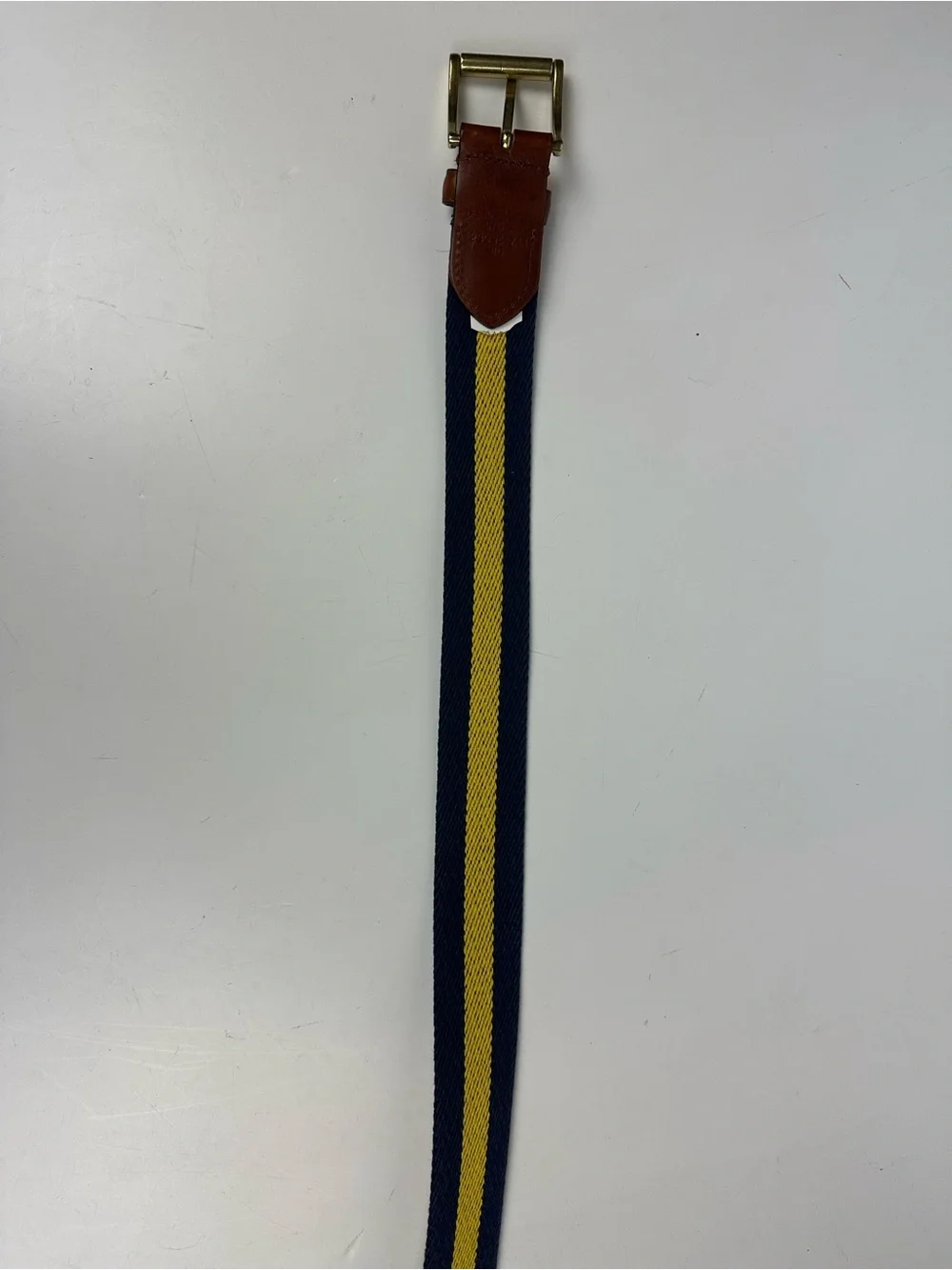 Men's Navy & Yellow Striped Belt with Brown Leather Trim